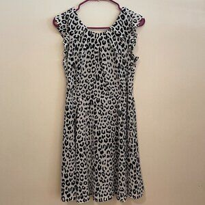 Leopard Cheetah Print Ruffle Short Sleeve Lace Open Back Dress Black White M